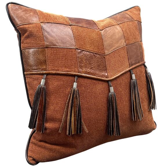 Shadow Mountain Leather Fabric Down Tassel Throw Pillow 16"  Brown Western Lodge - Picture 1 of 16